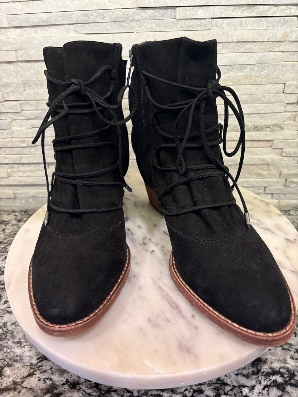 Sam Edelman Black Suede Lace-Up Ankle Boots with Brown Welt